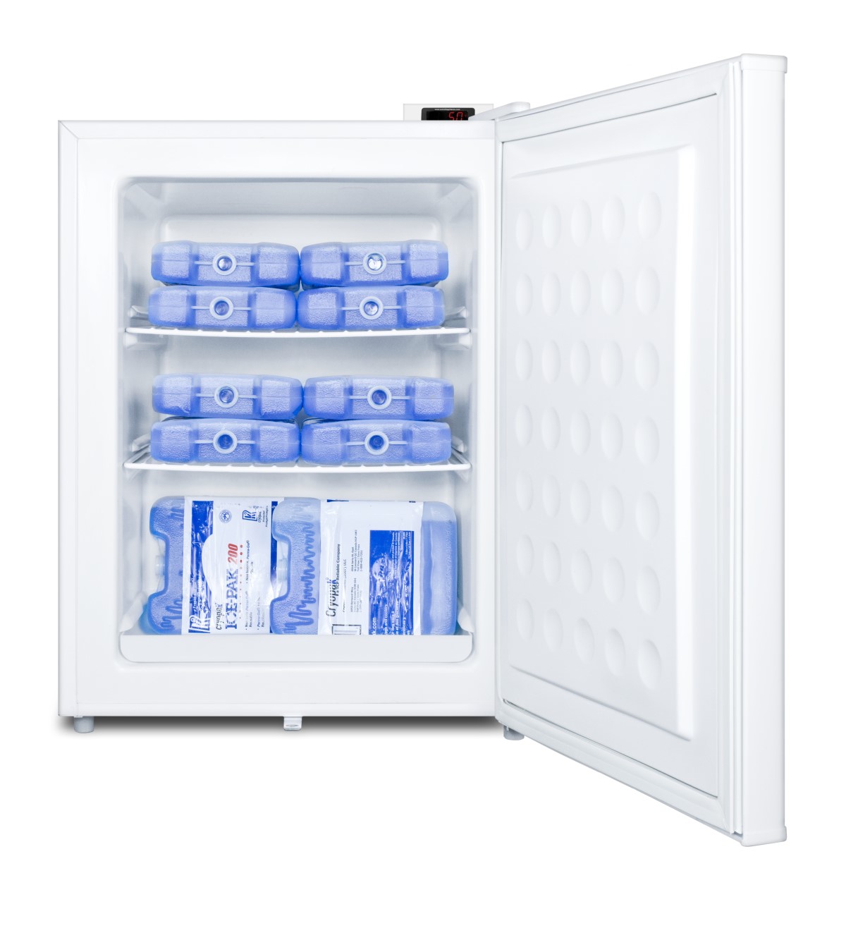 Countertop vaccine storage all-freezer with digital thermostat, temperature alarm, hospital grade cord, self-closing door, and front lock